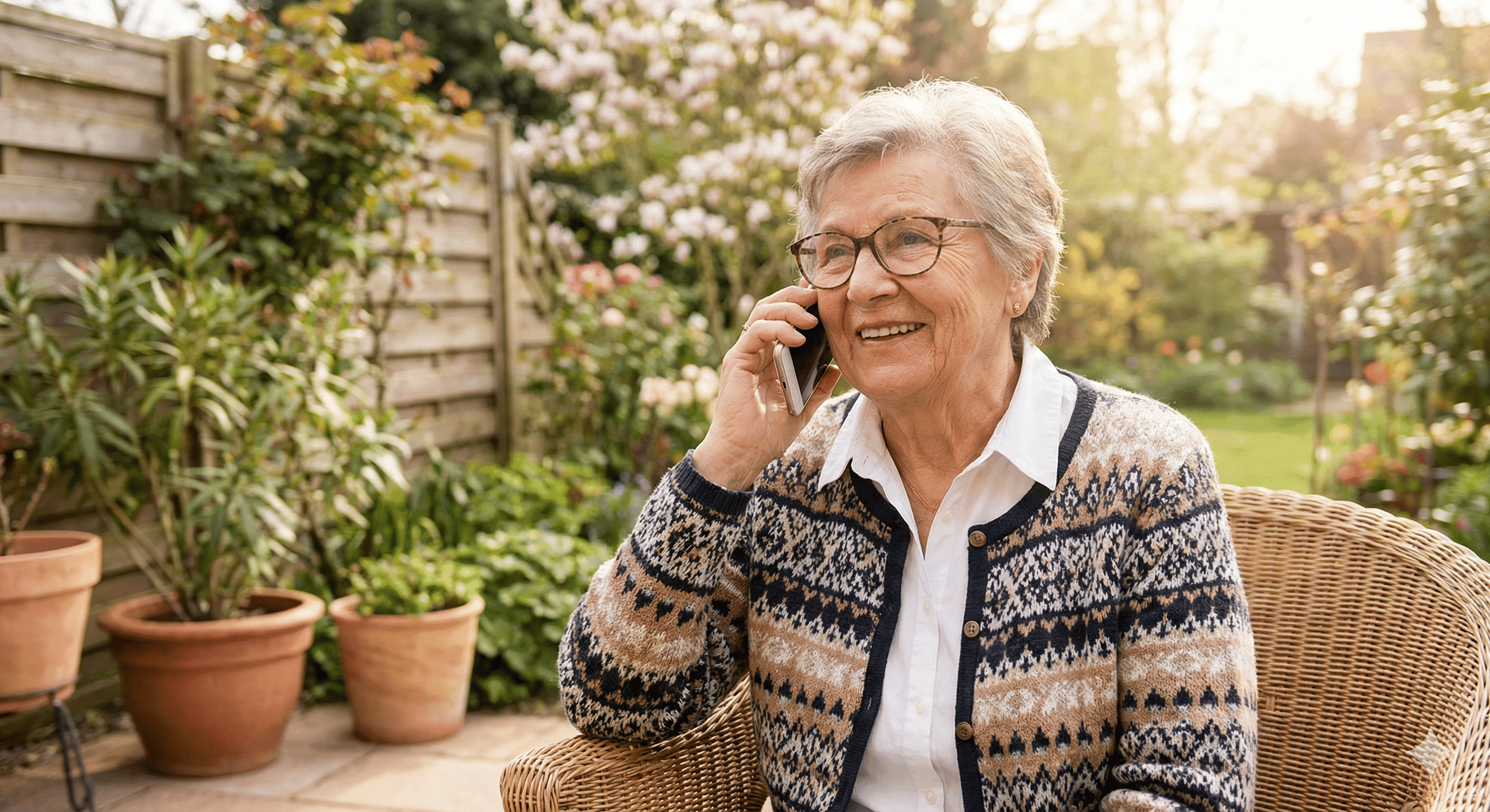Elderly person holding a phone smiling